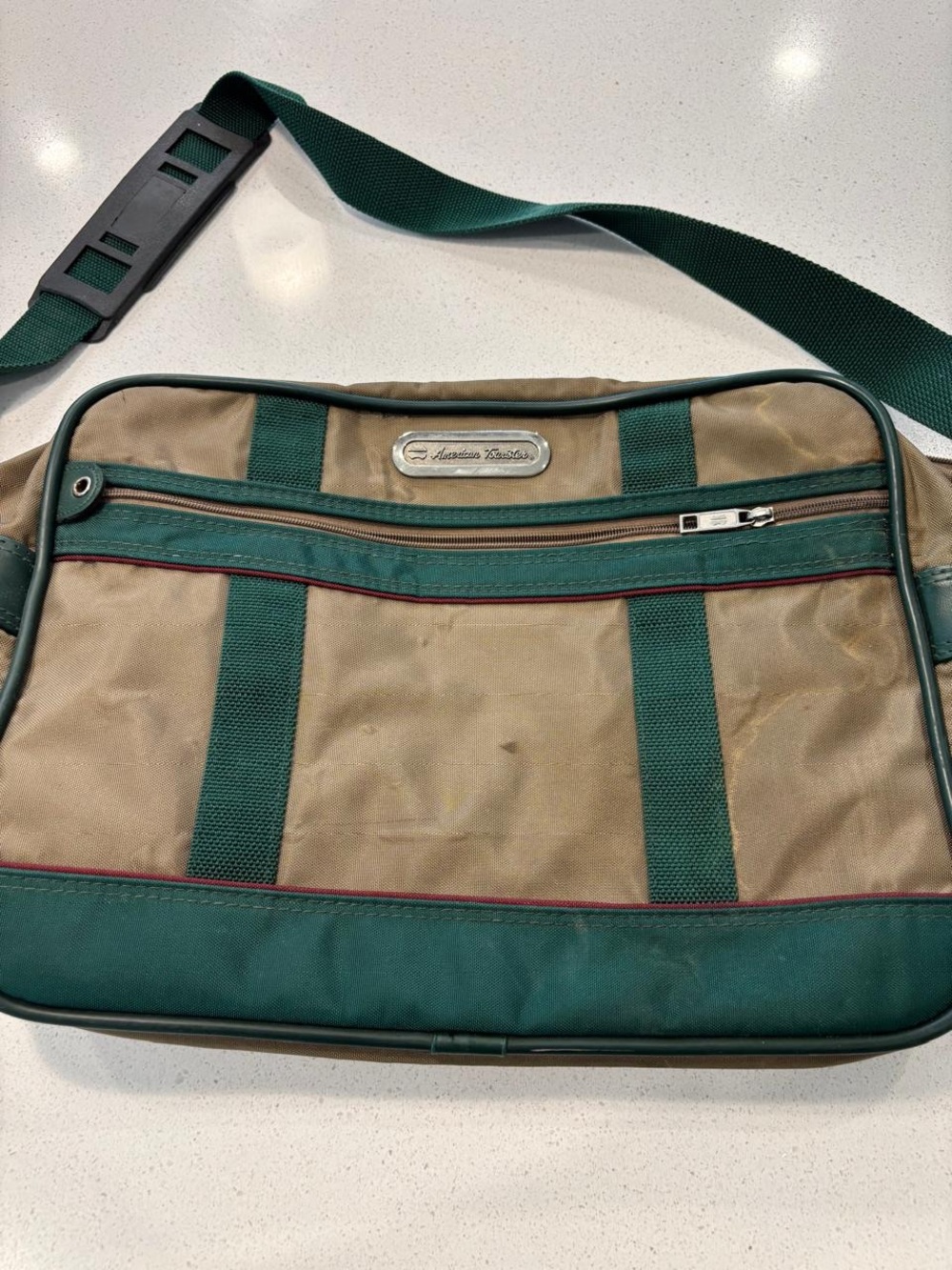 Vtg American Tourister Canvas Messenger Travel Shoulder Bag Khaki #E33